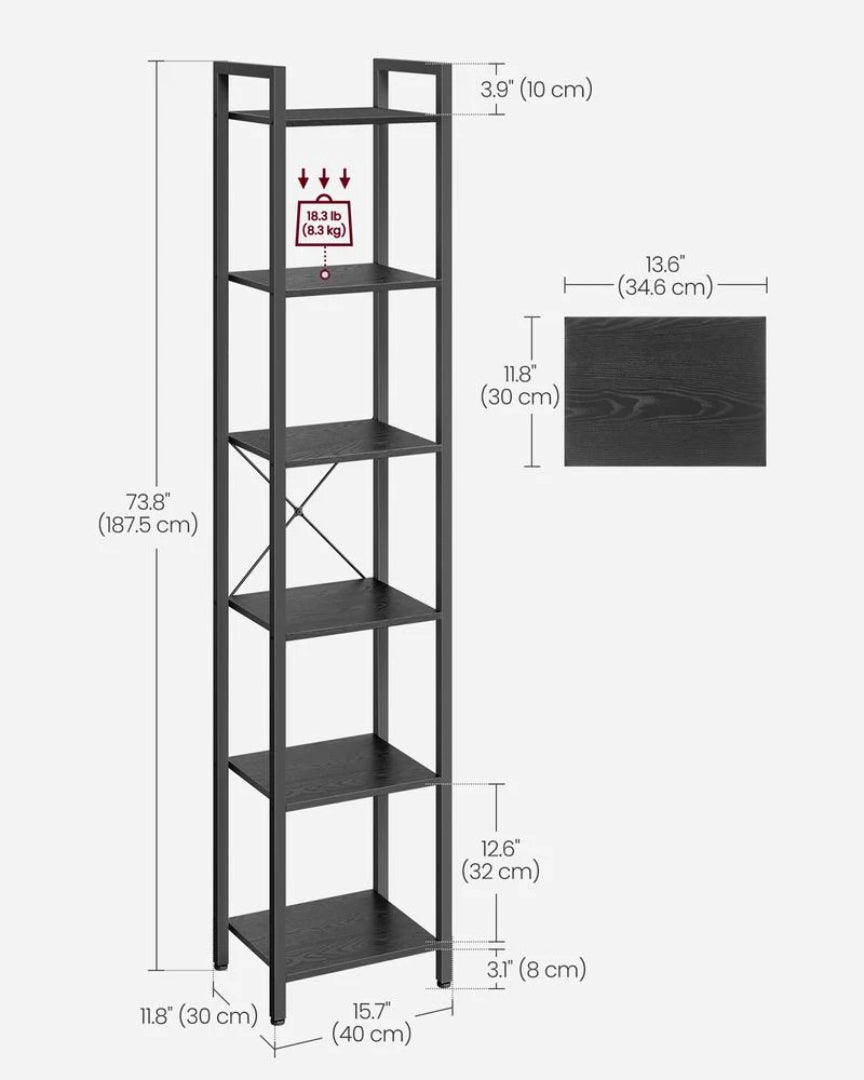6 Tier Narrow Bookcase With Steel Frame Storage Shelf – product view 25 | Ridgefield Furniture