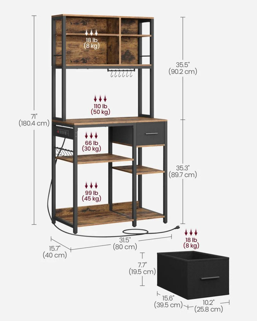 Baker’s Rack with Charging Station and Storage Shelves – product view 10 | Ridgefield Furniture
