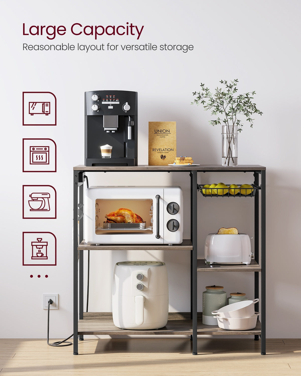 Bakers Rack With Charging Station And Adjustable Shelves, Kitchen Rack - product photo 46