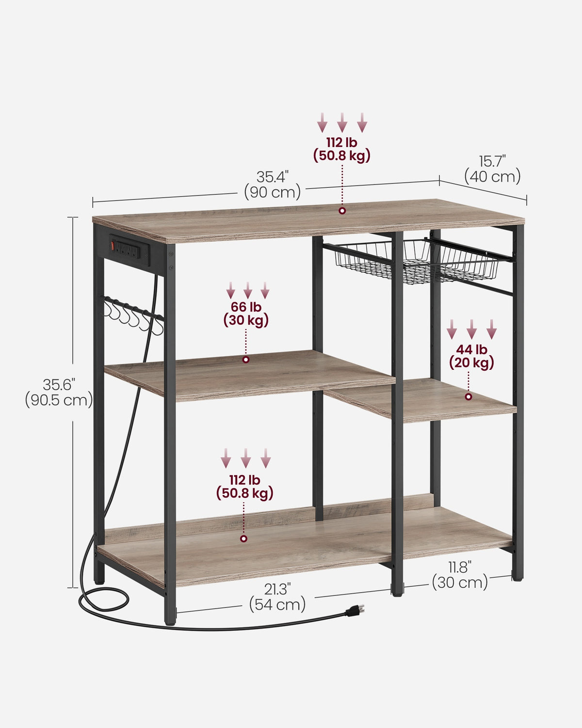Bakers Rack With Charging Station And Adjustable Shelves, Kitchen Rack - product photo 51