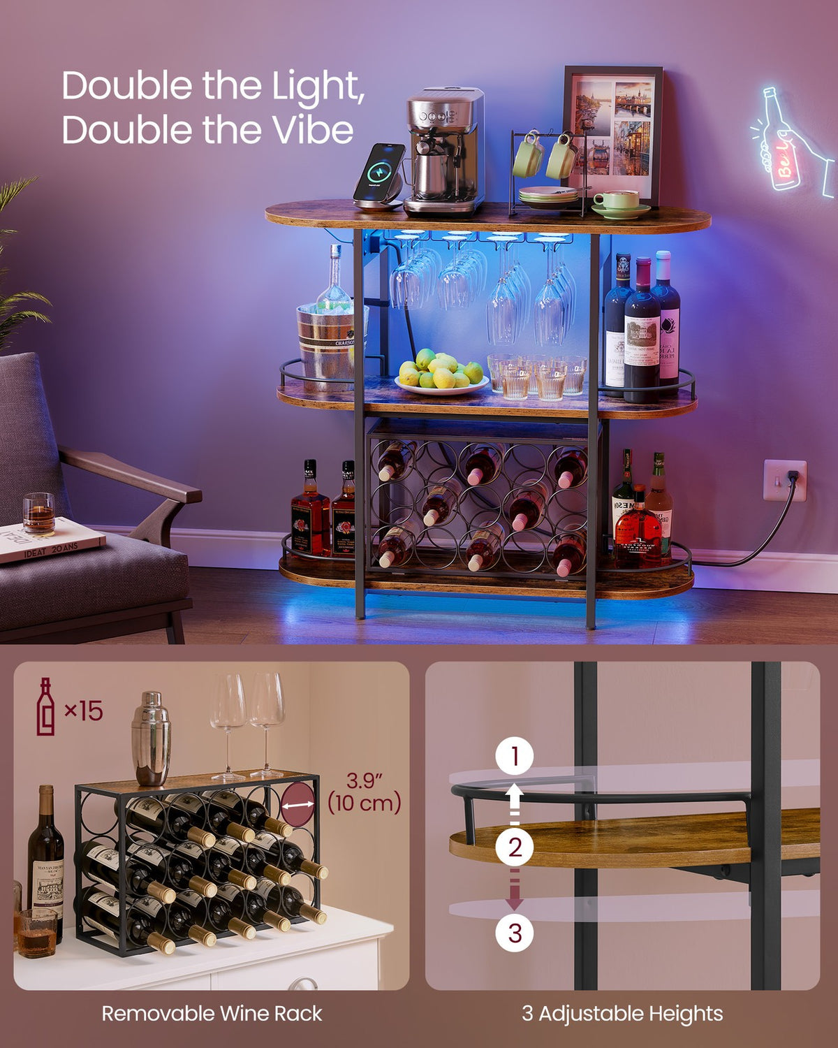 Bar Cabinet With LED Lights And Power Outlets - product photo 05