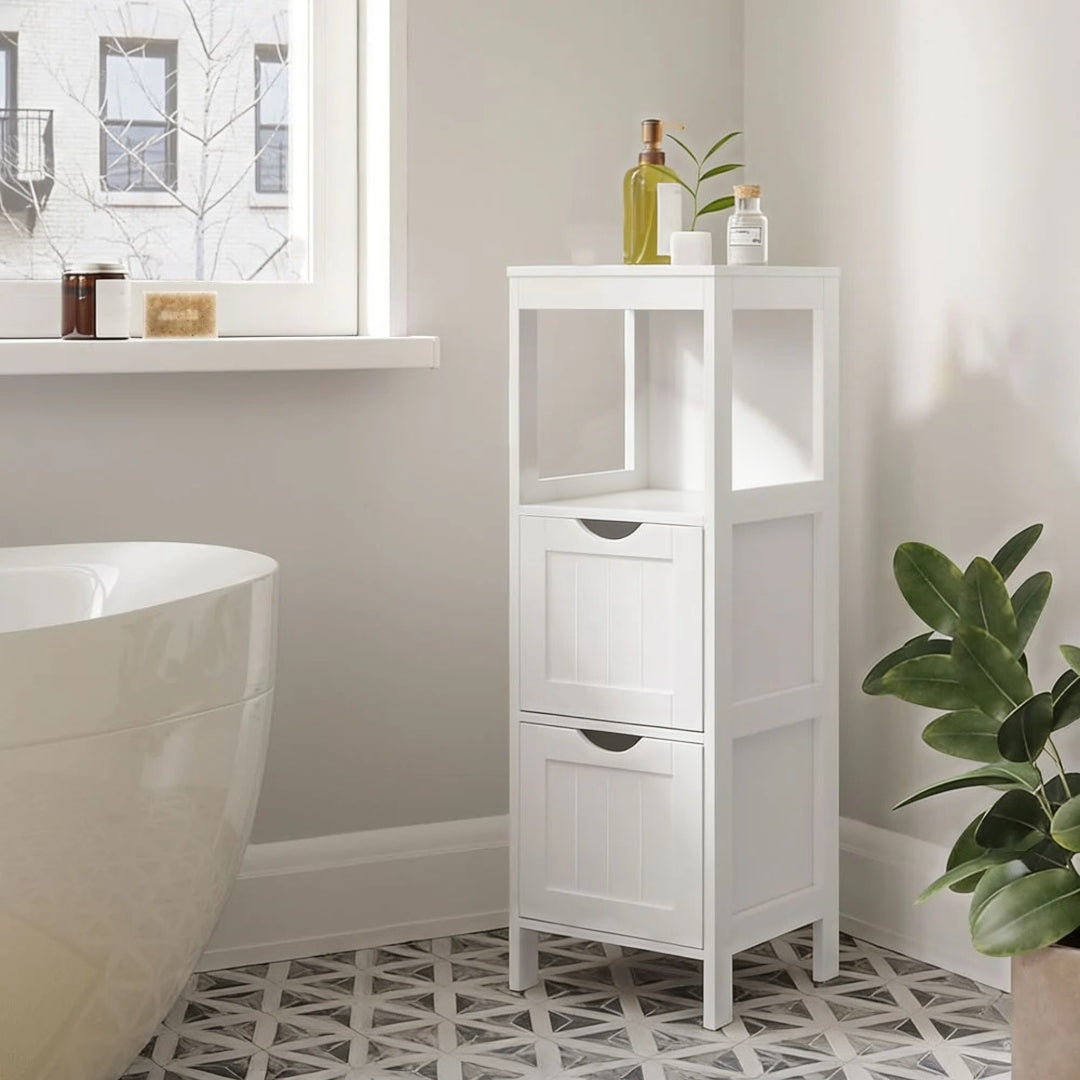 Bathroom Floor Cabinet With 2 Drawers Slim Storage 35in High – product view 5 | Ridgefield Furniture