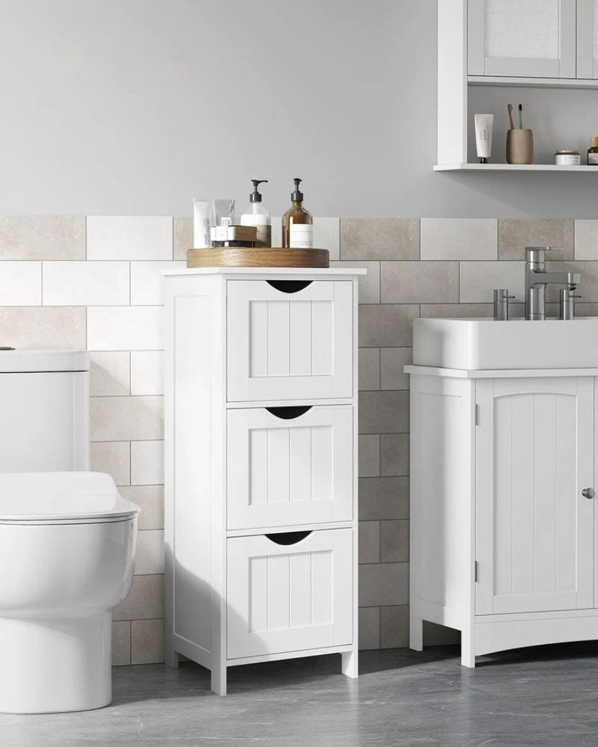Bathroom Floor Cabinet With 3 Drawers Slim Storage 31.9in High – product view 2 | Ridgefield Furniture