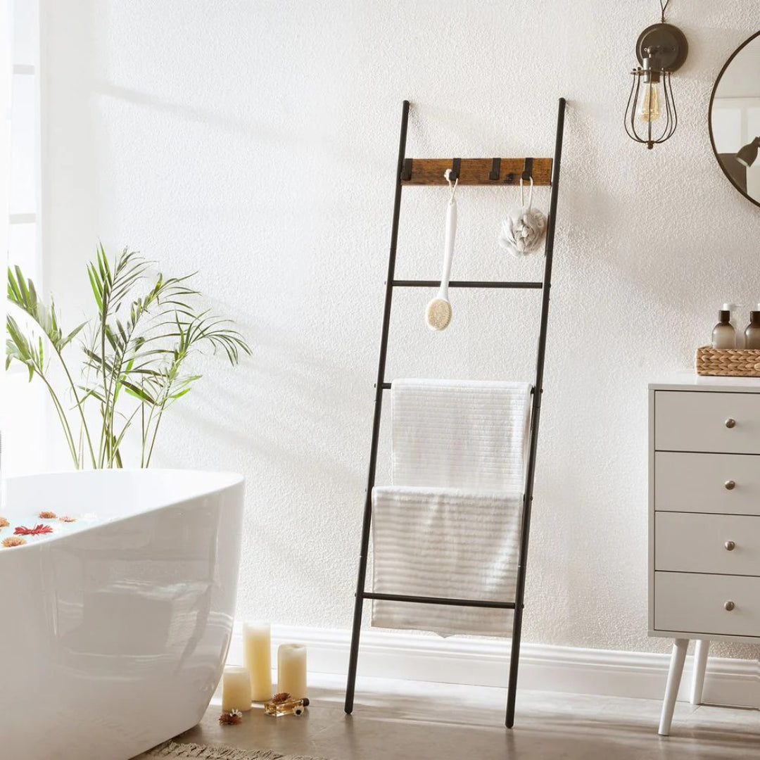 Blanket Ladder Shelf 5-Tier Towel Rack With Hooks – product view 3 | Ridgefield Furniture