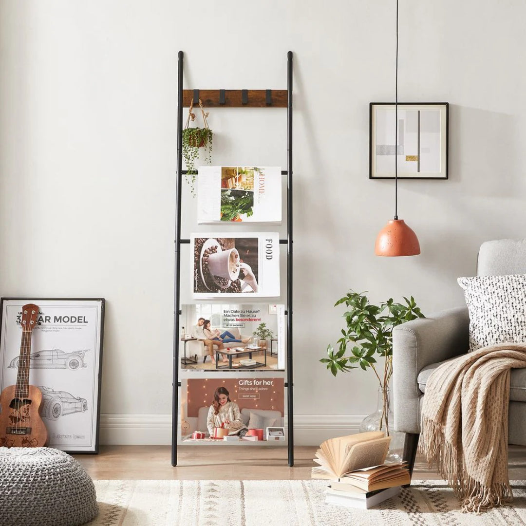 Blanket Ladder Shelf 5-Tier Towel Rack With Hooks – product view 4 | Ridgefield Furniture