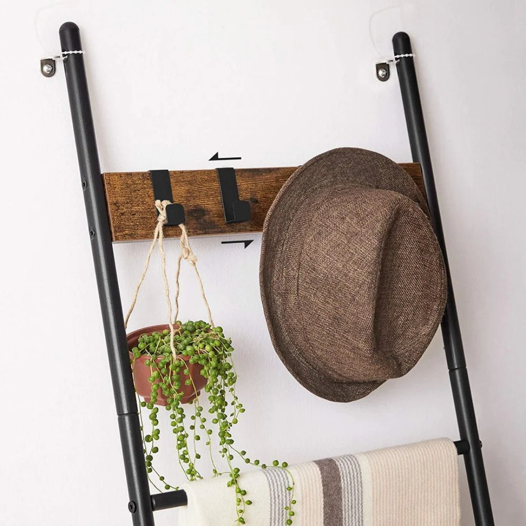 Blanket Ladder Shelf 5-Tier Towel Rack With Hooks – product view 6 | Ridgefield Furniture