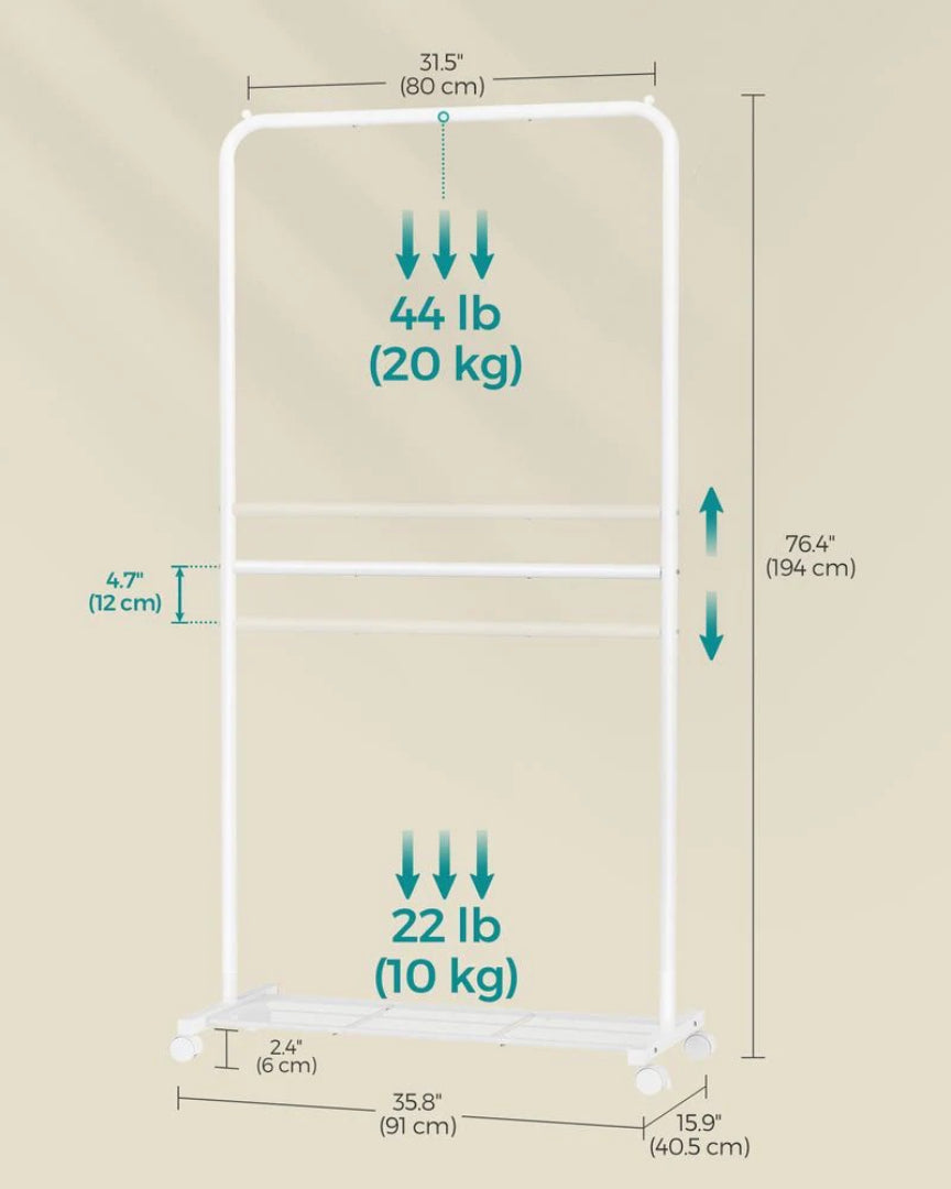 Clothes Rack Double Rod Rolling Garment Rack 35.8in Wide – product view 8 | Ridgefield Furniture