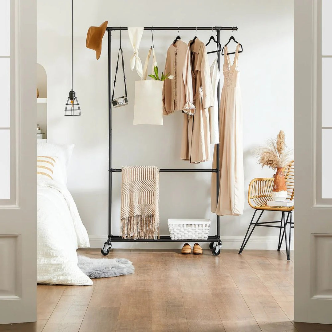 Clothing Rack Double Rod Rolling Garment Rack Heavy Duty – product view 3 | Ridgefield Furniture