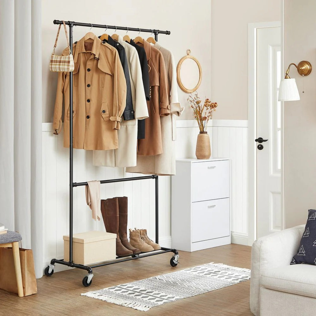 Clothing Rack Double Rod Rolling Garment Rack Heavy Duty – product view 5 | Ridgefield Furniture
