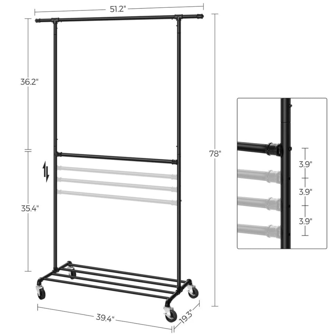 Clothing Rack Double Rod Rolling Garment Rack Heavy Duty – product view 7 | Ridgefield Furniture