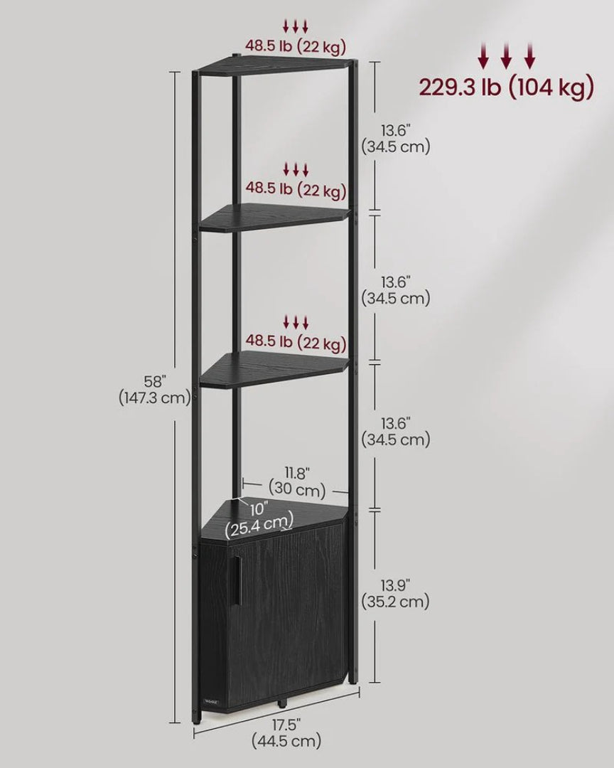 5 Tier Corner Shelving Unit With Cabinet Storage Space Saving Shelf – product view 6 | Ridgefield Furniture