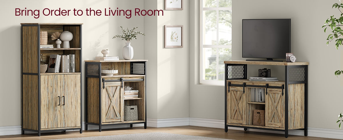 Dining Storage Sideboard With Sliding Doors, Rustic Brown Buffet Cabinet - product photo 29