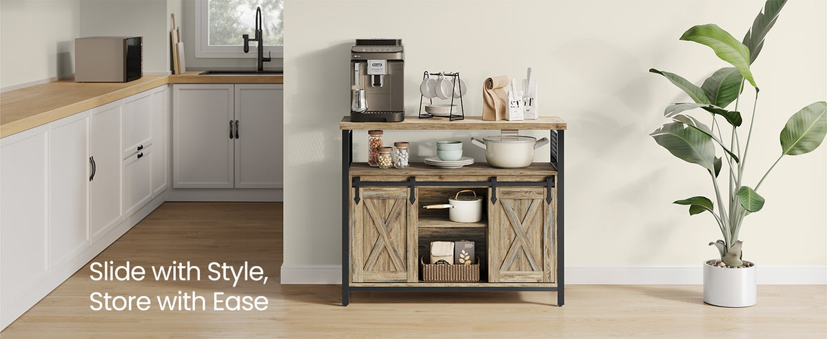 Dining Storage Sideboard With Sliding Doors, Rustic Brown Buffet Cabinet - product photo 30