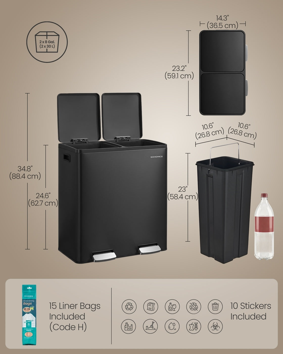 Double Compartment Stainless Steel Trash Can With Soft Close Lids - product photo 59