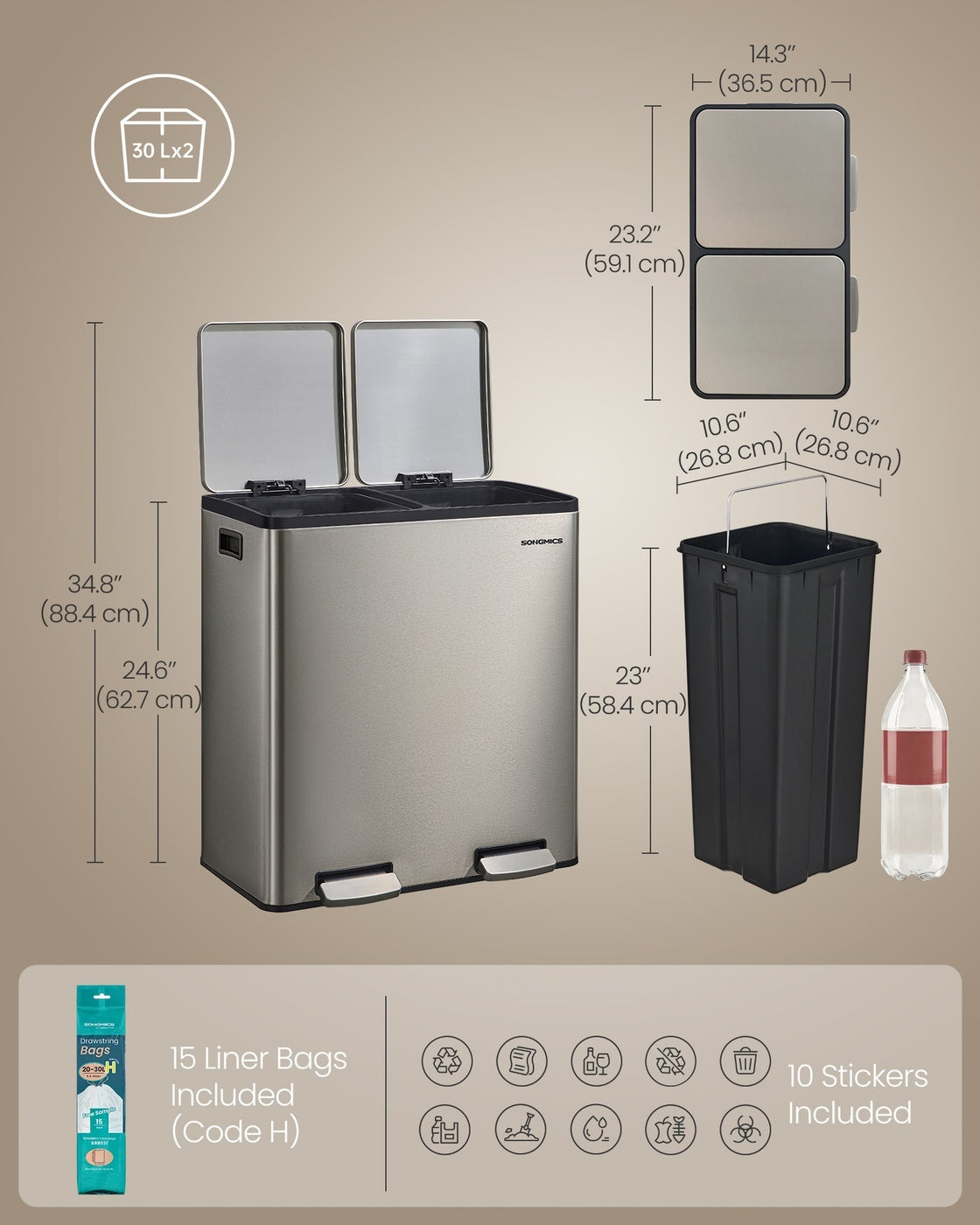 Double Compartment Stainless Steel Trash Can With Soft Close Lids - product photo 66