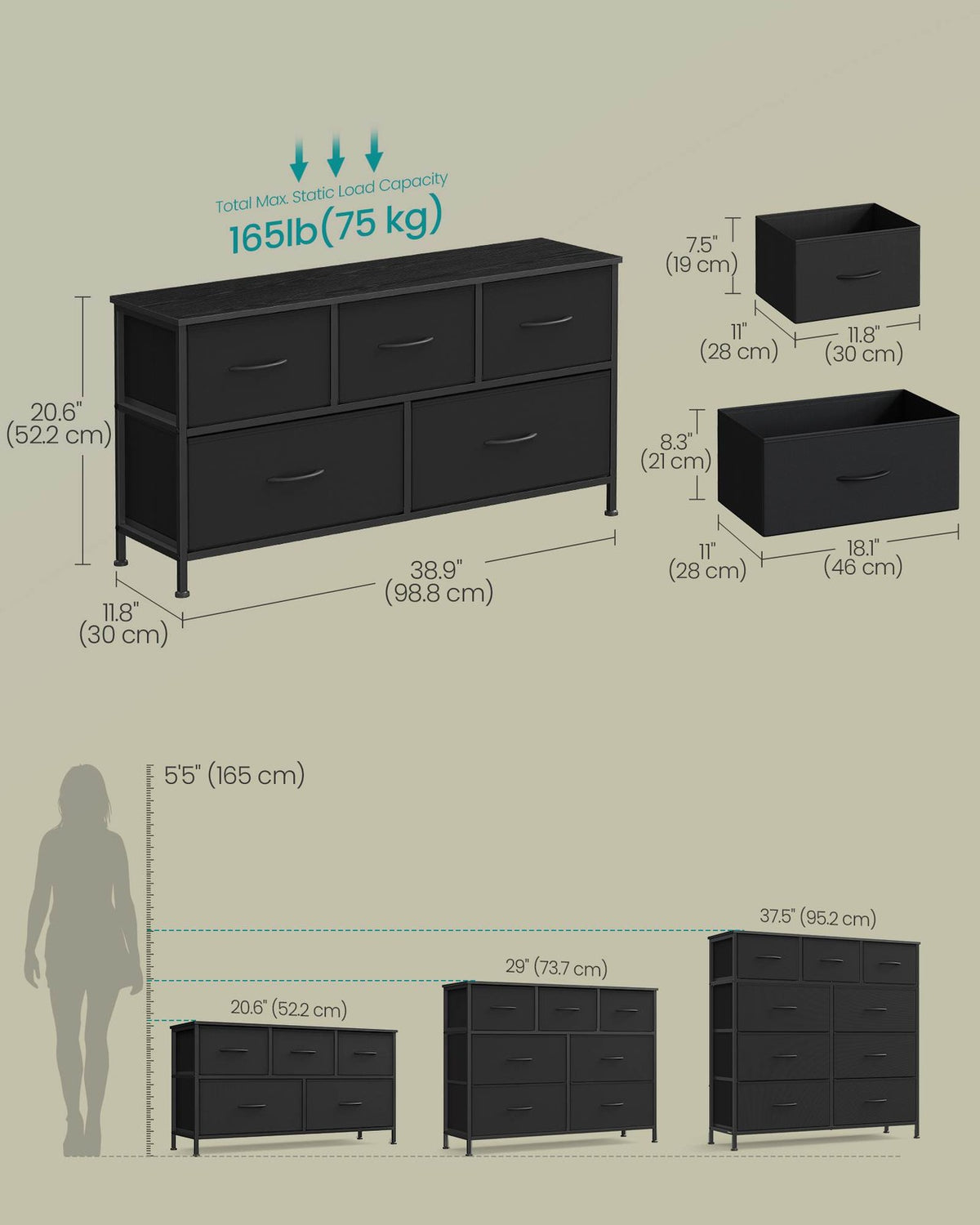 Dresser For Bedroom, Wide Dresser With 5 Fabric Drawers - product photo 05