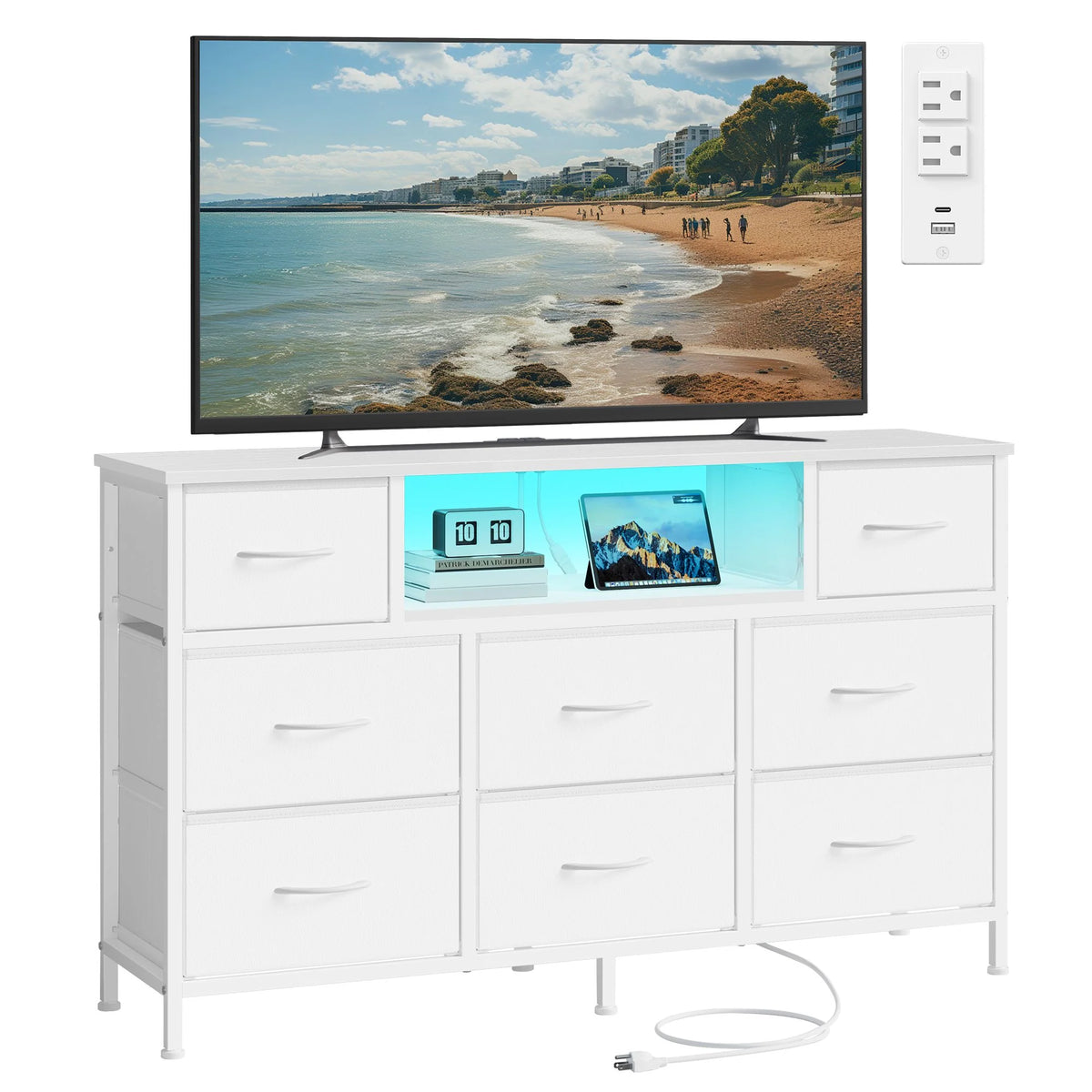 Dresser For Bedroom With Outlets And LED Lights, TV Stand For TVs Up To 55 - ULGS433WH02S