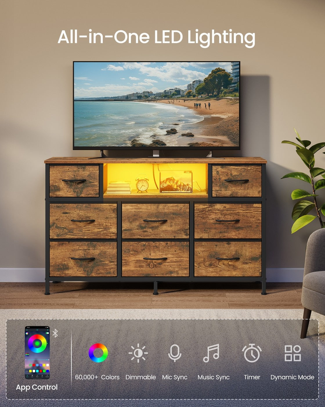 Dresser With Power Outlets And LED Lights, TV Stand For 55 Inch TV - product photo 22