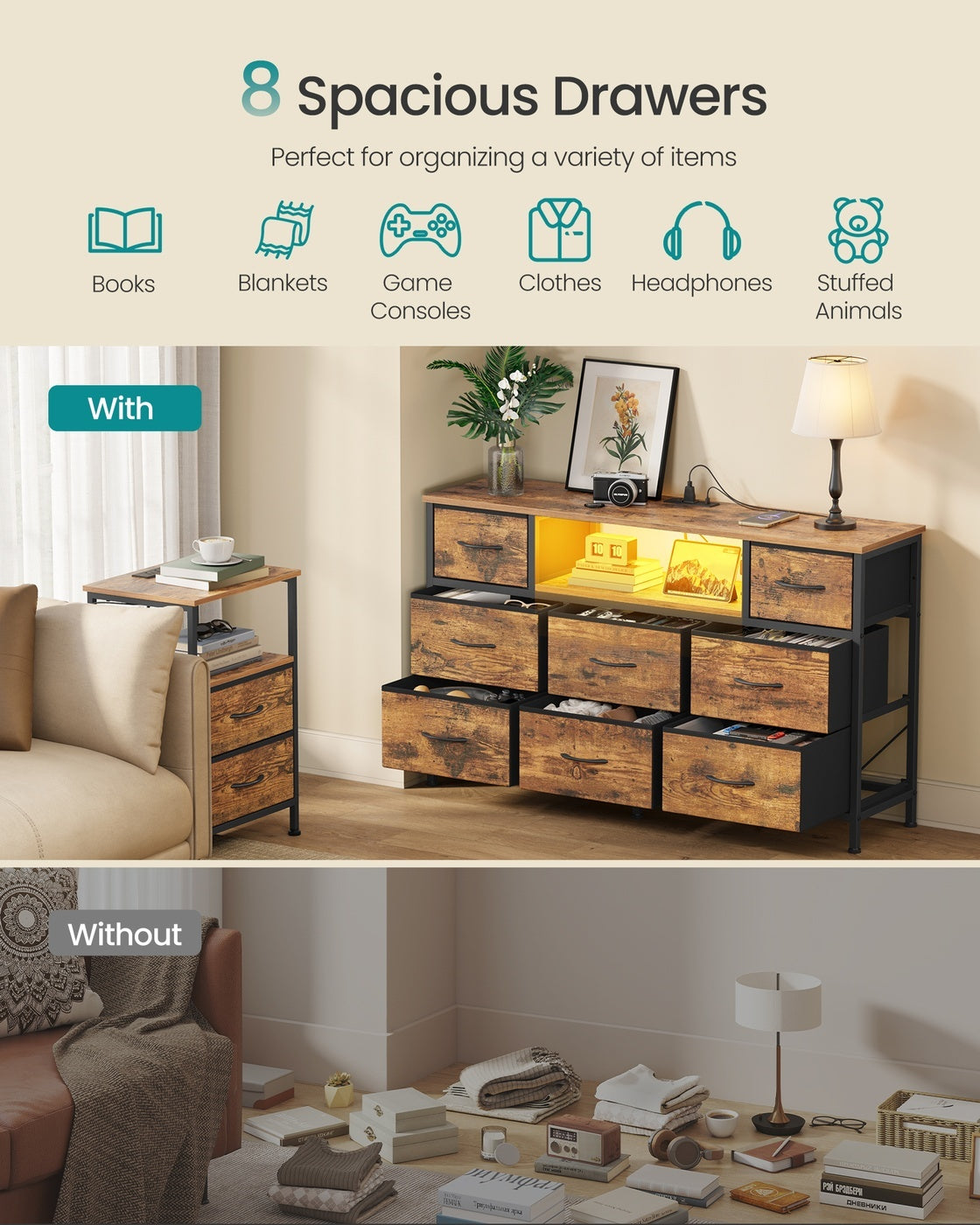 Dresser With Power Outlets And LED Lights, TV Stand For 55 Inch TV - product photo 23