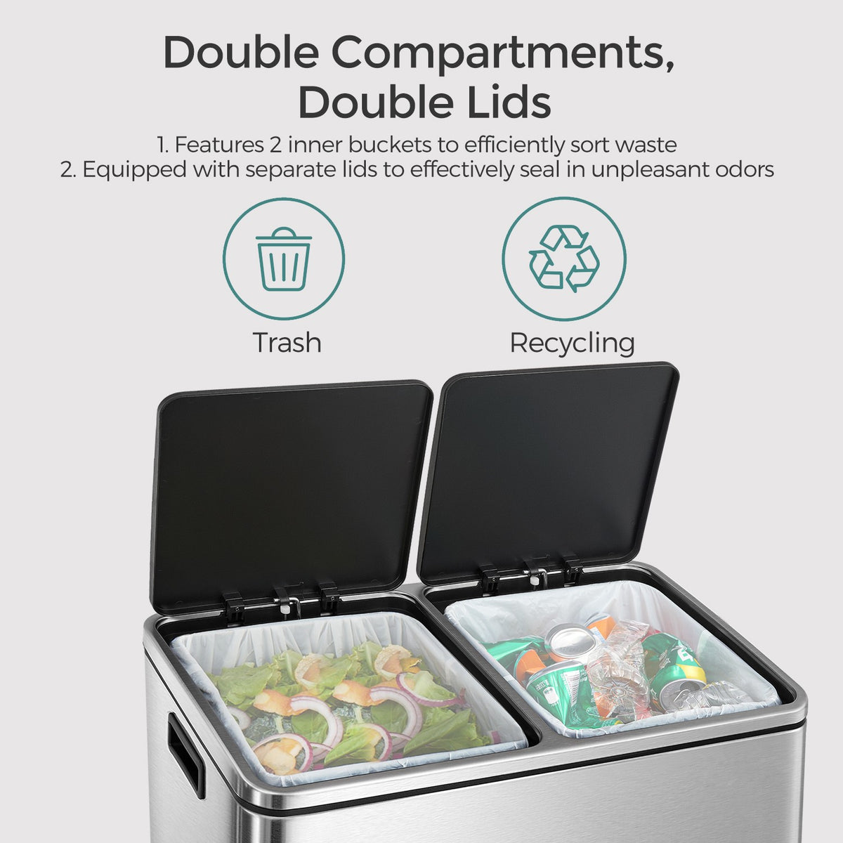 Dual Compartment Kitchen Trash Can With Airtight Hinged Lids - product photo 09