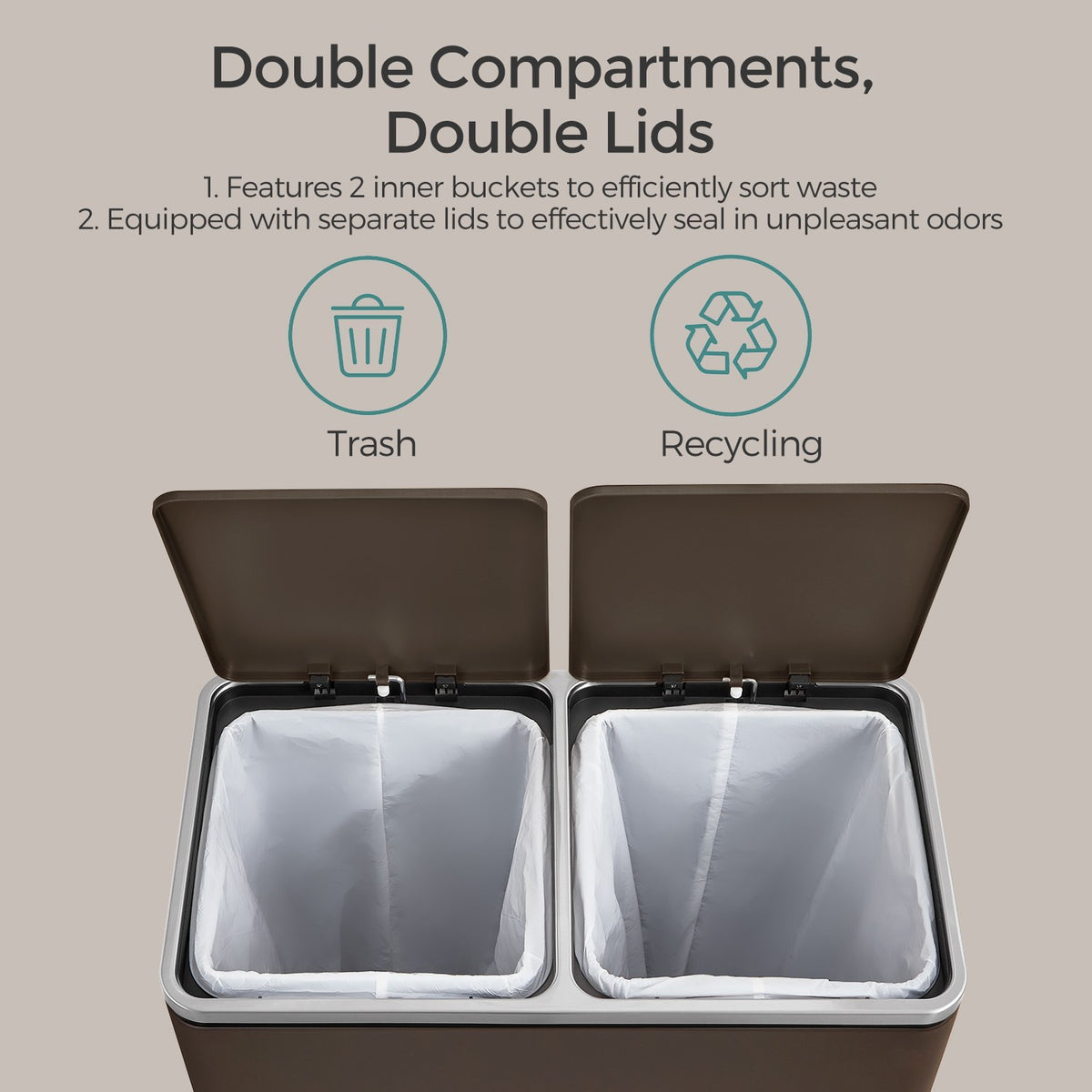 Dual Compartment Kitchen Trash Can With Airtight Hinged Lids - product photo 14