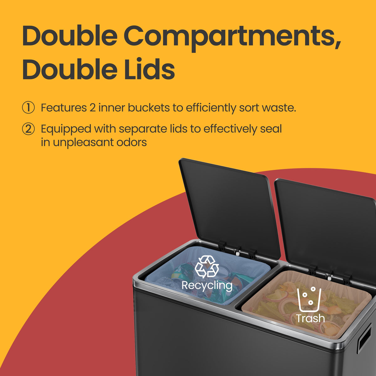 Dual Compartment Kitchen Trash Can With Airtight Hinged Lids - product photo 35