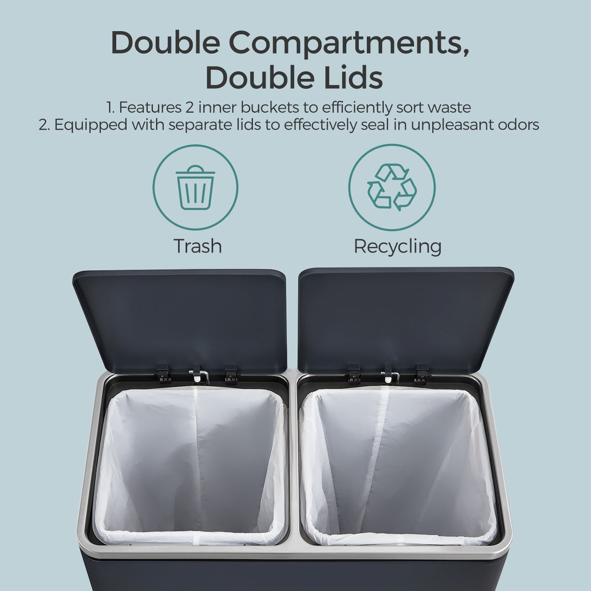 Dual Compartment Kitchen Trash Can With Airtight Hinged Lids - product photo 40