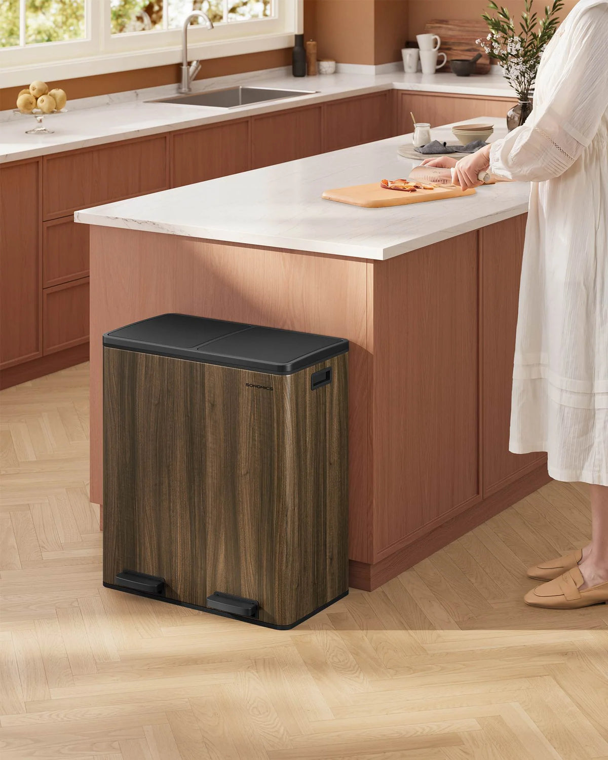 Dual Compartment Kitchen Trash Can With Airtight Hinged Lids - ULTB35B060N02V1