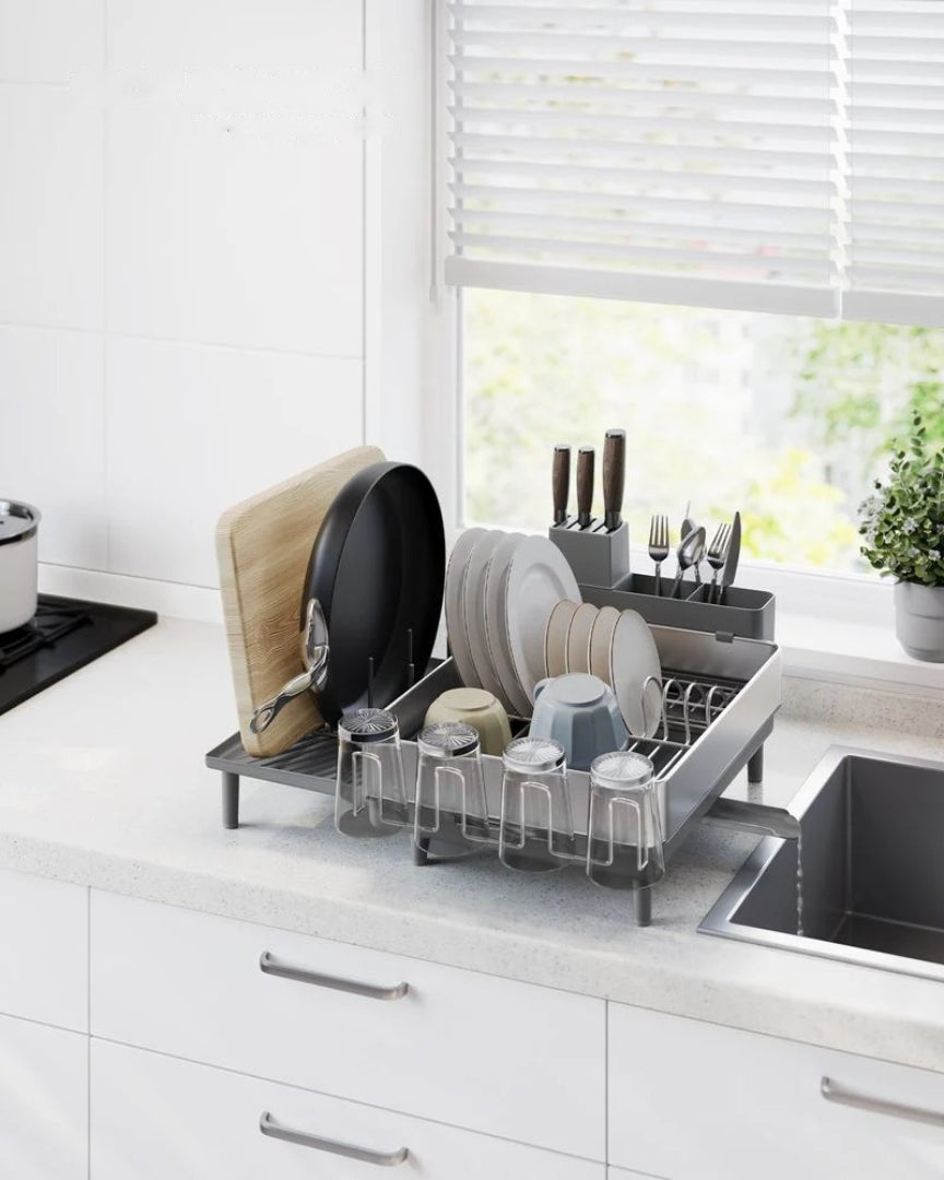 Expandable Stainless Steel Dish Drying Rack with Utensil and Cup Holder – product view 3 | Ridgefield Furniture