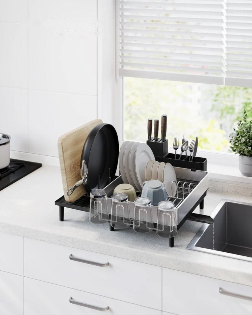 Expandable Stainless Steel Dish Drying Rack with Utensil and Cup Holder – product view 7 | Ridgefield Furniture