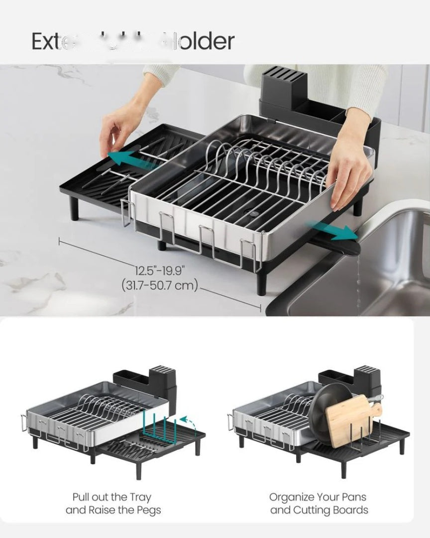 Expandable Stainless Steel Dish Drying Rack with Utensil and Cup Holder – product view 9 | Ridgefield Furniture