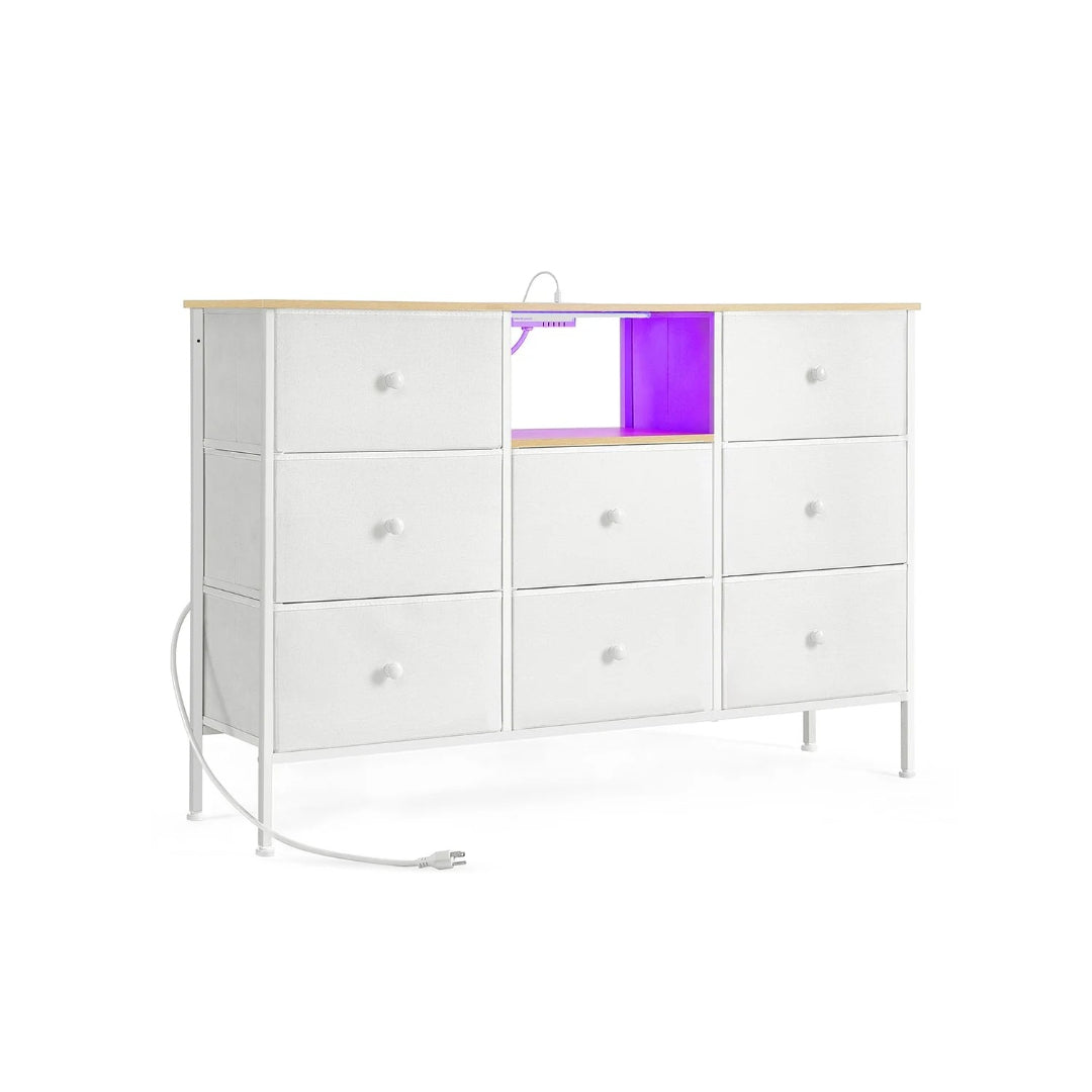 Fabric Dresser With LED Lights And Power Outlets 8 Drawer – product view 2 | Ridgefield Furniture