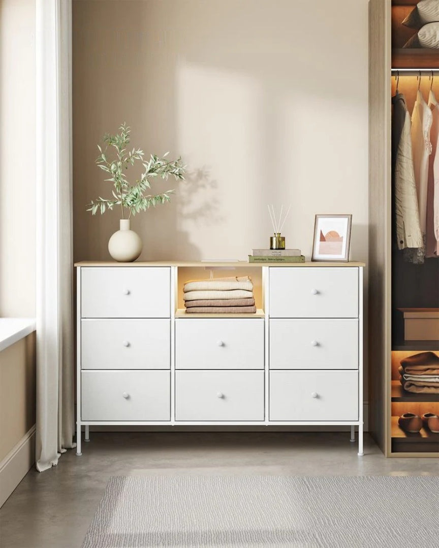 Fabric Dresser With LED Lights And Power Outlets 8 Drawer – product view 8 | Ridgefield Furniture