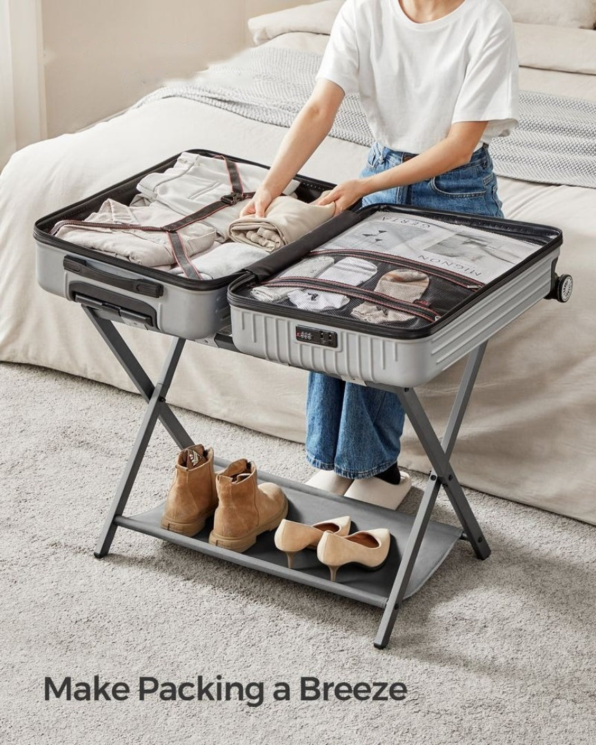 Folding Luggage Rack With Shelf Steel Suitcase Stand – product view 7 | Ridgefield Furniture