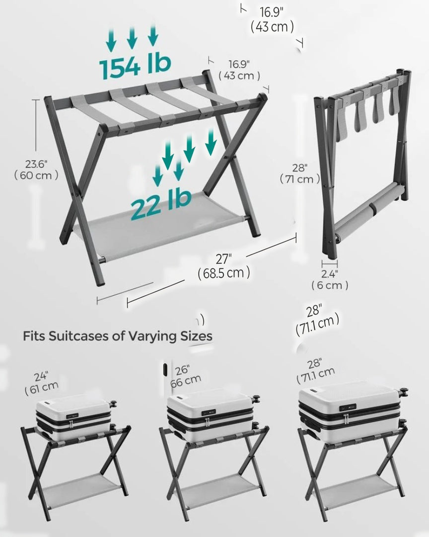 Folding Luggage Rack With Shelf Steel Suitcase Stand – product view 9 | Ridgefield Furniture