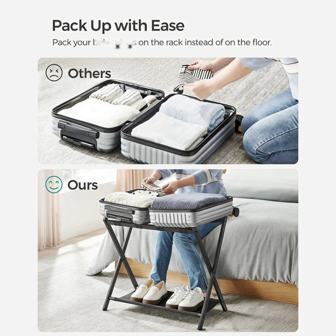 Folding Luggage Rack With Shelf Steel Suitcase Stand – product view 13 | Ridgefield Furniture