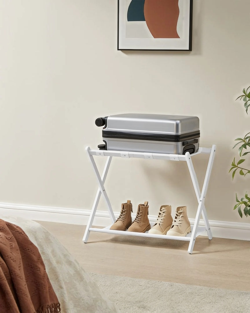 Folding Luggage Rack With Shelf Steel Suitcase Stand – product view 18 | Ridgefield Furniture