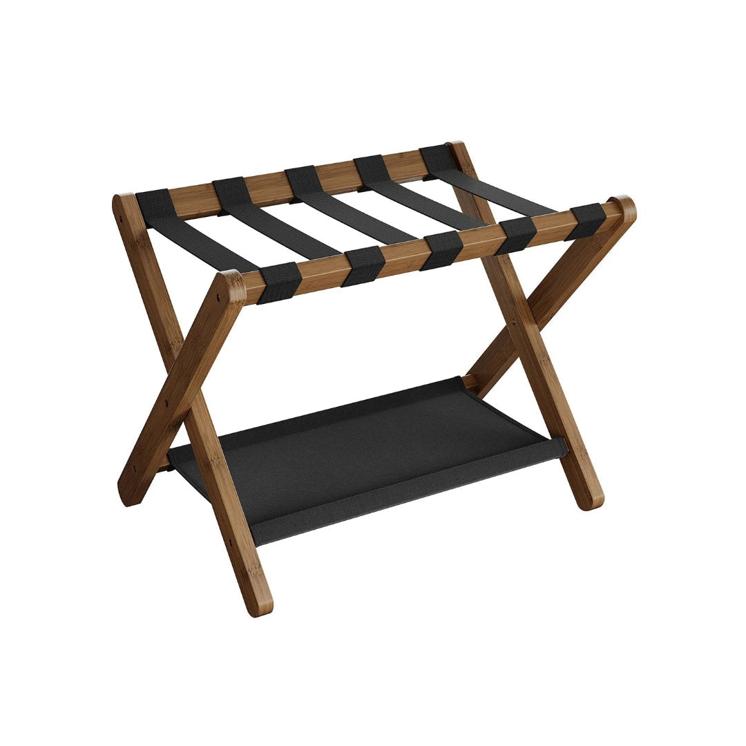 Folding Luggage Rack With Storage Shelf Bamboo Suitcase Stand – product view 2 | Ridgefield Furniture