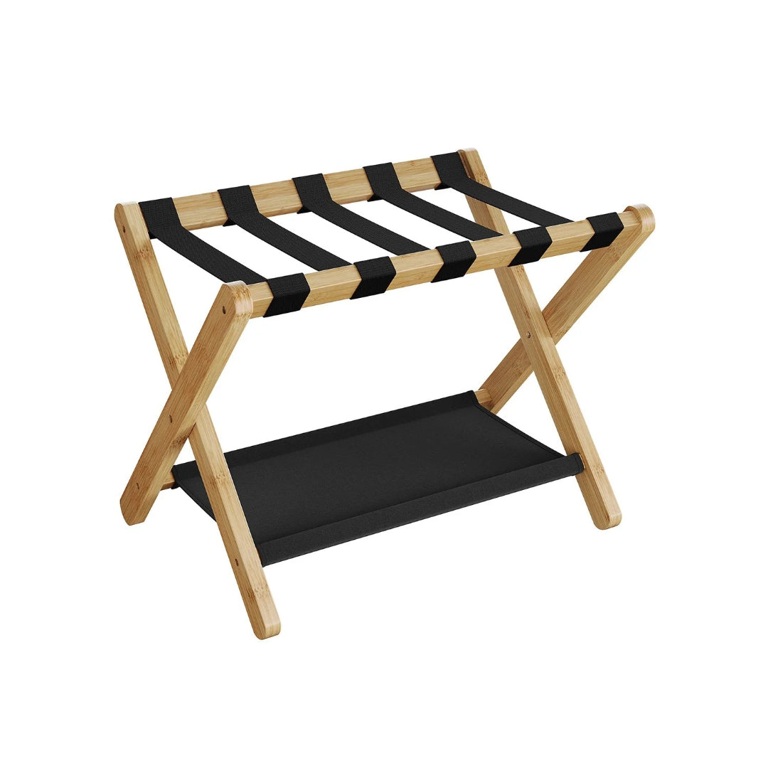 Folding Luggage Rack With Storage Shelf Bamboo Suitcase Stand – product view 3 | Ridgefield Furniture