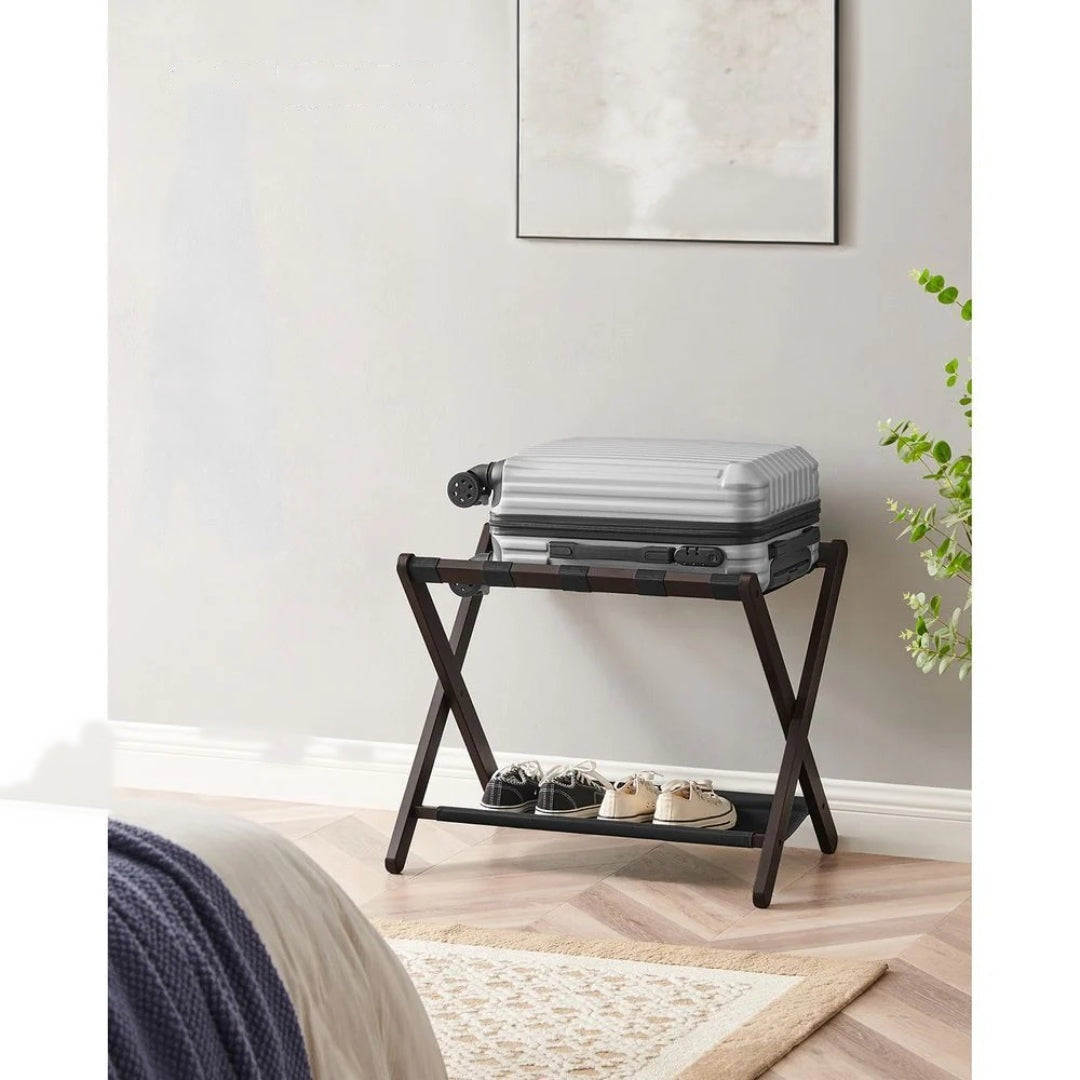 Folding Luggage Rack With Storage Shelf Bamboo Suitcase Stand – product view 6 | Ridgefield Furniture