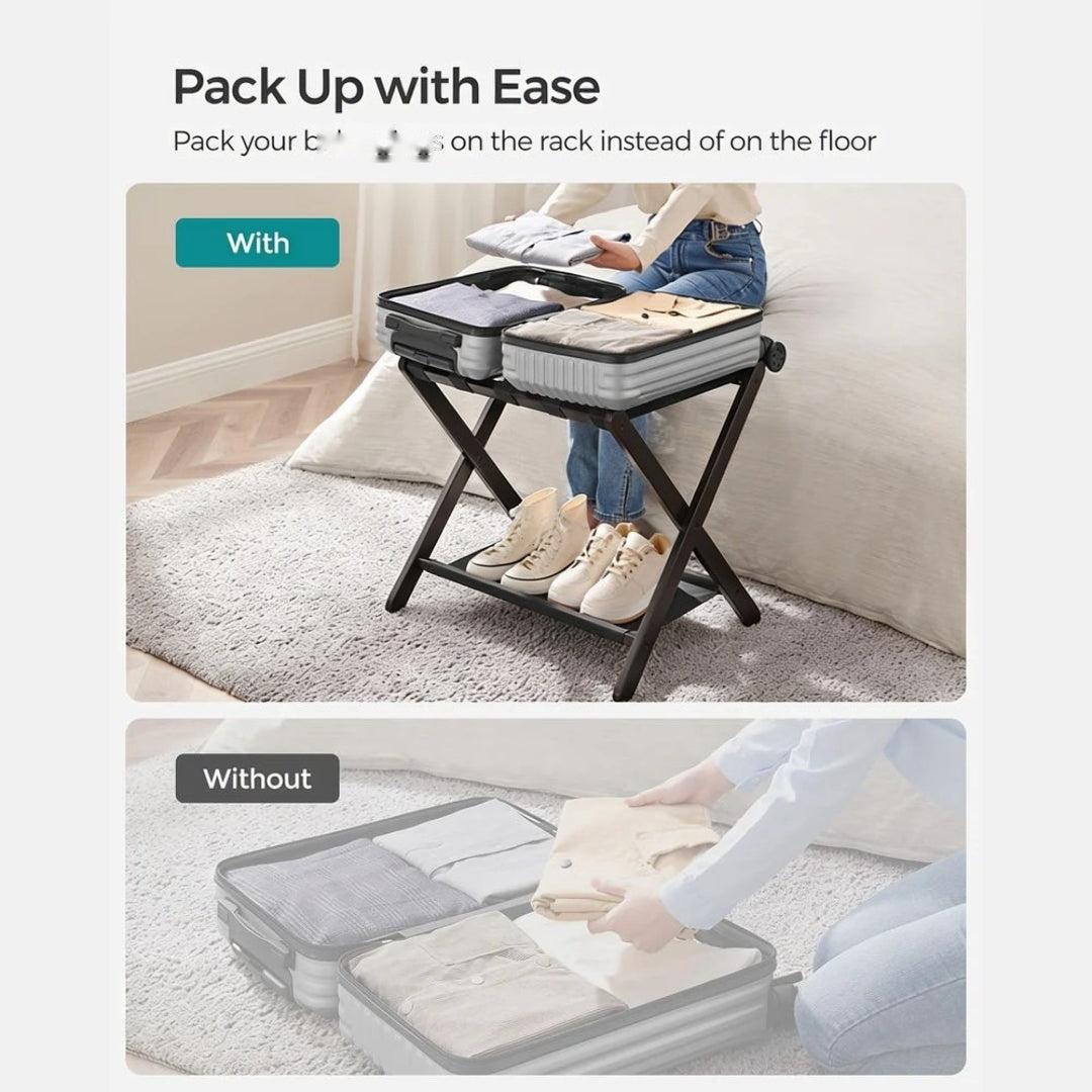 Folding Luggage Rack With Storage Shelf Bamboo Suitcase Stand – product view 7 | Ridgefield Furniture