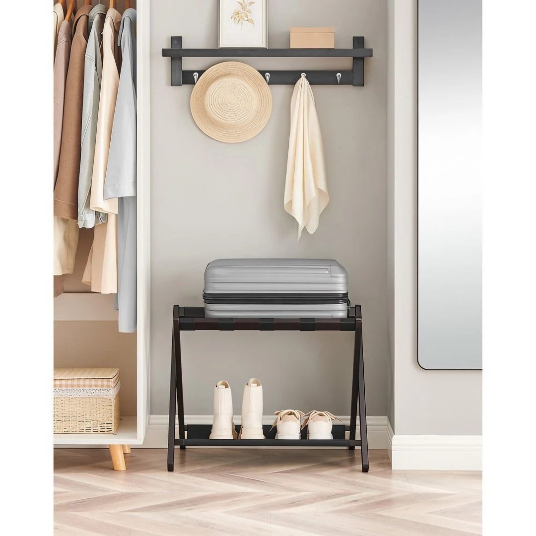 Folding Luggage Rack With Storage Shelf Bamboo Suitcase Stand – product view 12 | Ridgefield Furniture