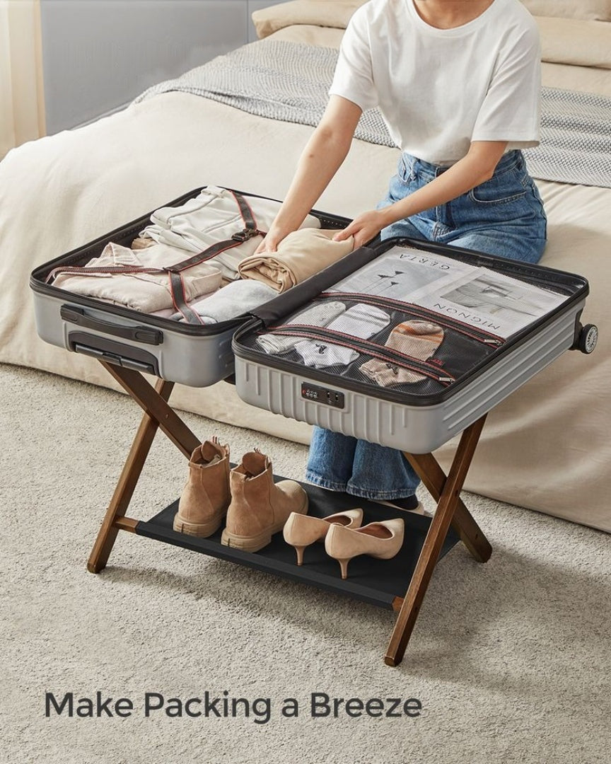 Folding Luggage Rack With Storage Shelf Bamboo Suitcase Stand – product view 13 | Ridgefield Furniture