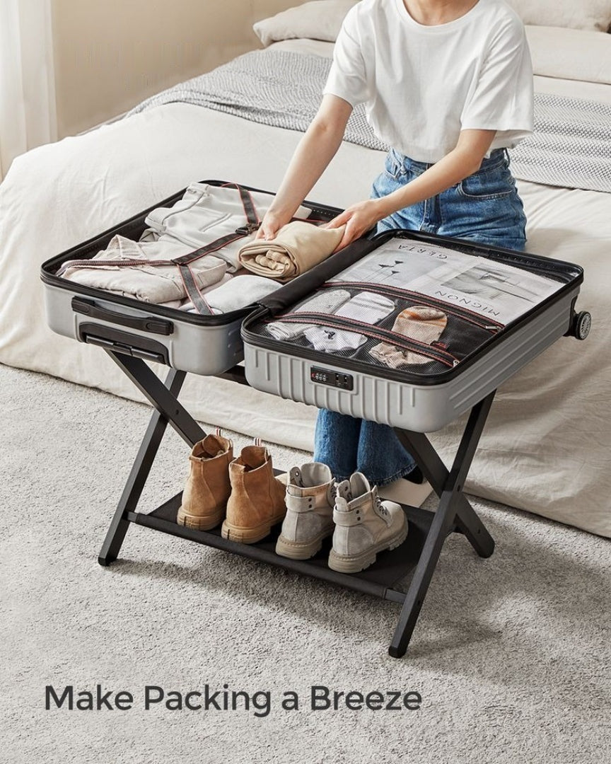 Folding Luggage Rack With Storage Shelf Bamboo Suitcase Stand – product view 15 | Ridgefield Furniture