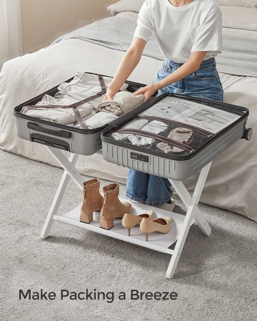 Folding Luggage Rack With Storage Shelf Bamboo Suitcase Stand – product view 16 | Ridgefield Furniture