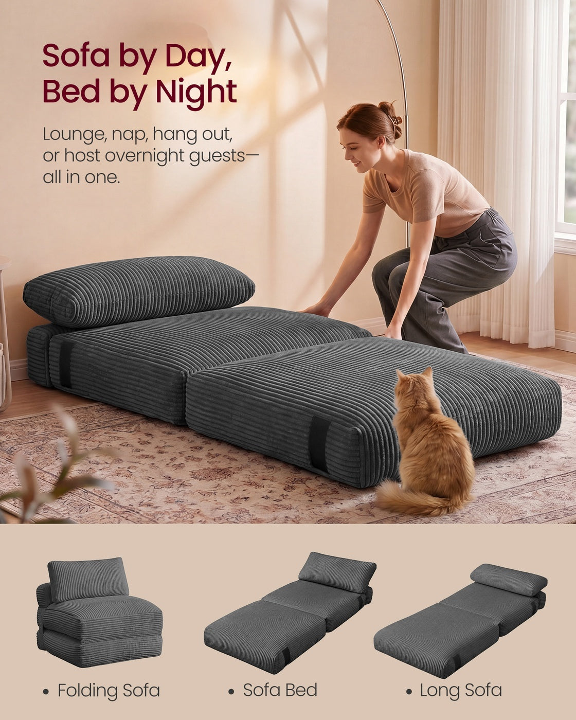 Folding Sofa Bed Convertible Chair Bed With Pillow Sleeper Chair - product photo 04