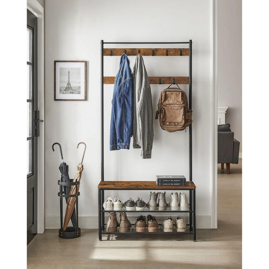 Hall Tree With Shoe Storage Bench & 9 Hooks Entryway Coat Rack – product view 2 | Ridgefield Furniture