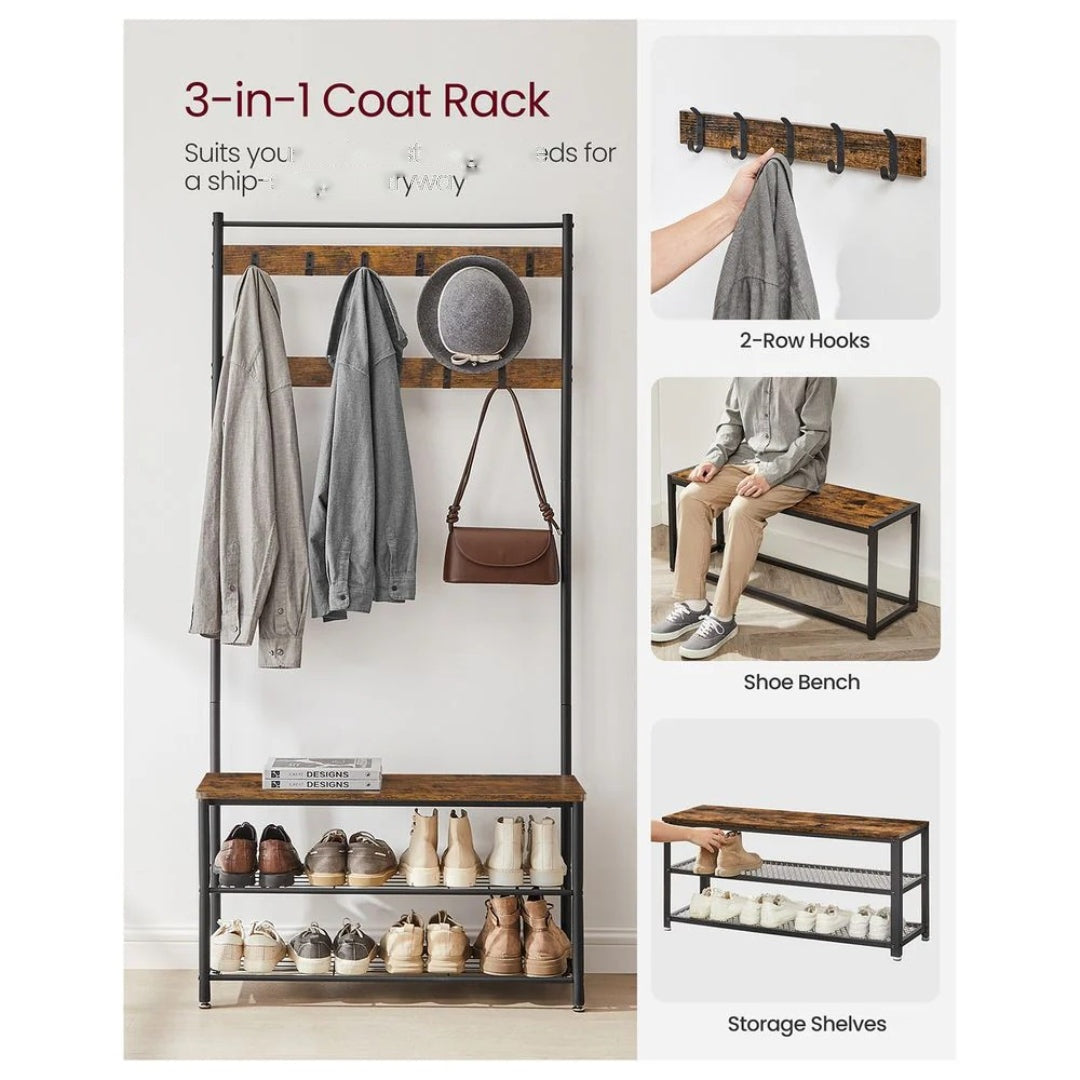 Hall Tree With Shoe Storage Bench & 9 Hooks Entryway Coat Rack – product view 3 | Ridgefield Furniture