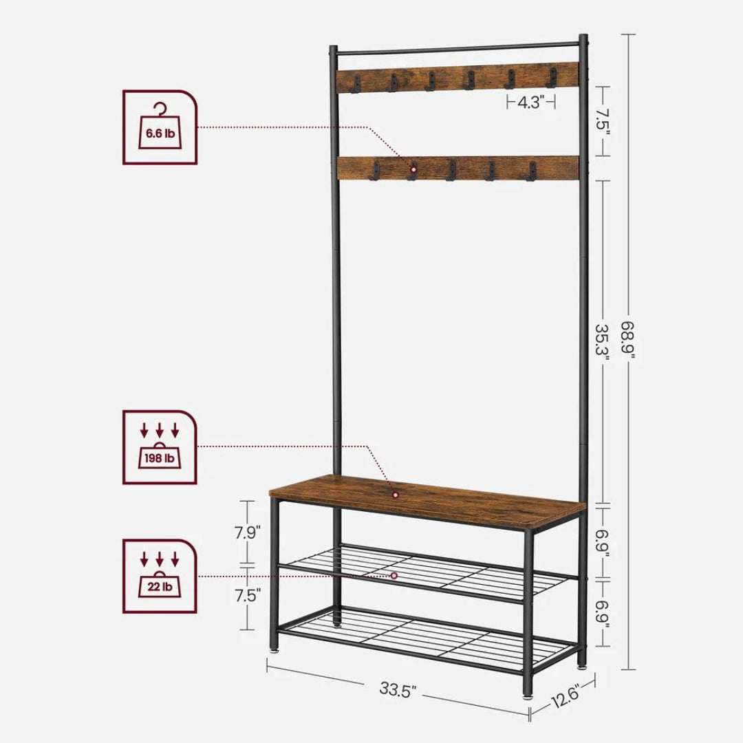 Hall Tree With Shoe Storage Bench & 9 Hooks Entryway Coat Rack – product view 7 | Ridgefield Furniture