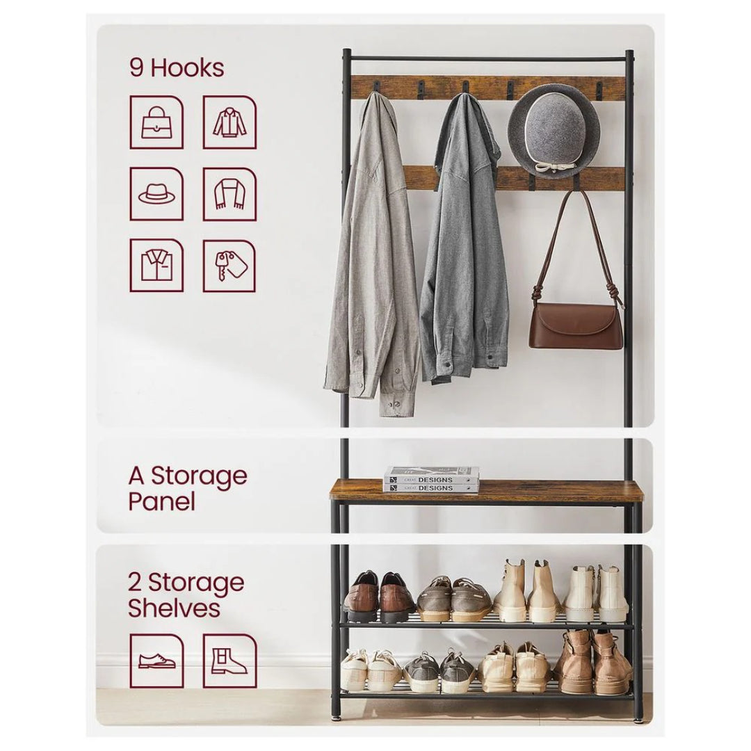 Hall Tree With Shoe Storage Bench & 9 Hooks Entryway Coat Rack – product view 8 | Ridgefield Furniture